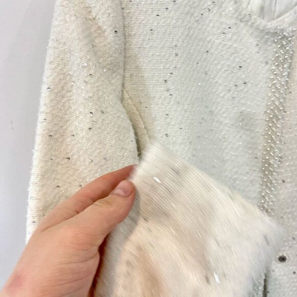 Cream White Sequinses Pearl Beaded Dress Coat - Picture 6 of 15